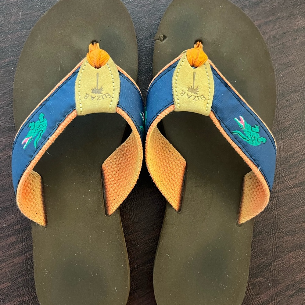 GATOR Blue & Orange Flip Flop Sandals with Green Gator Embroidery